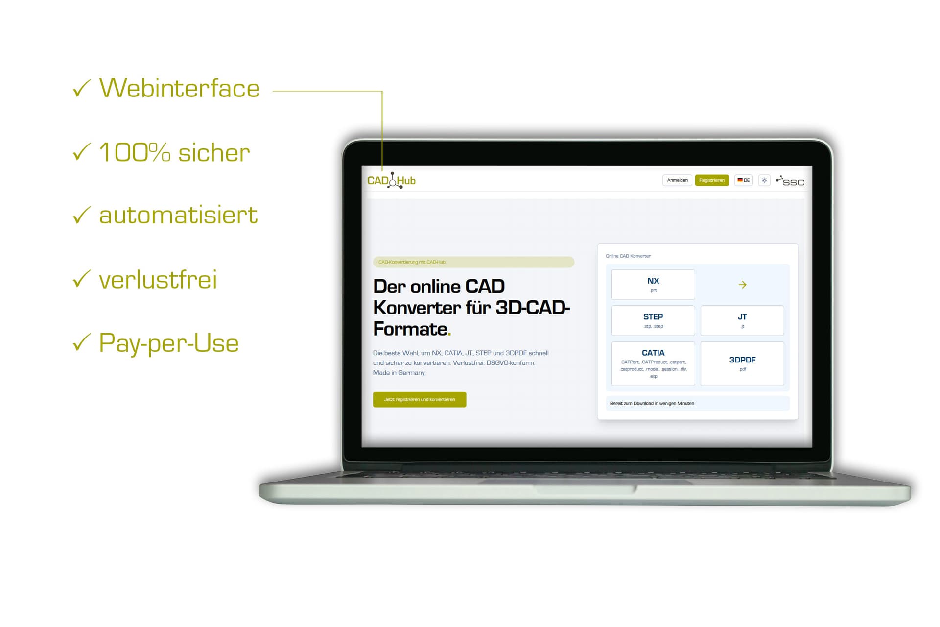 CAD-Hub online CAD Konverter im Browser – Webinterface zur verlustfreien Konvertierung von NX, CATIA, JT und STEP.